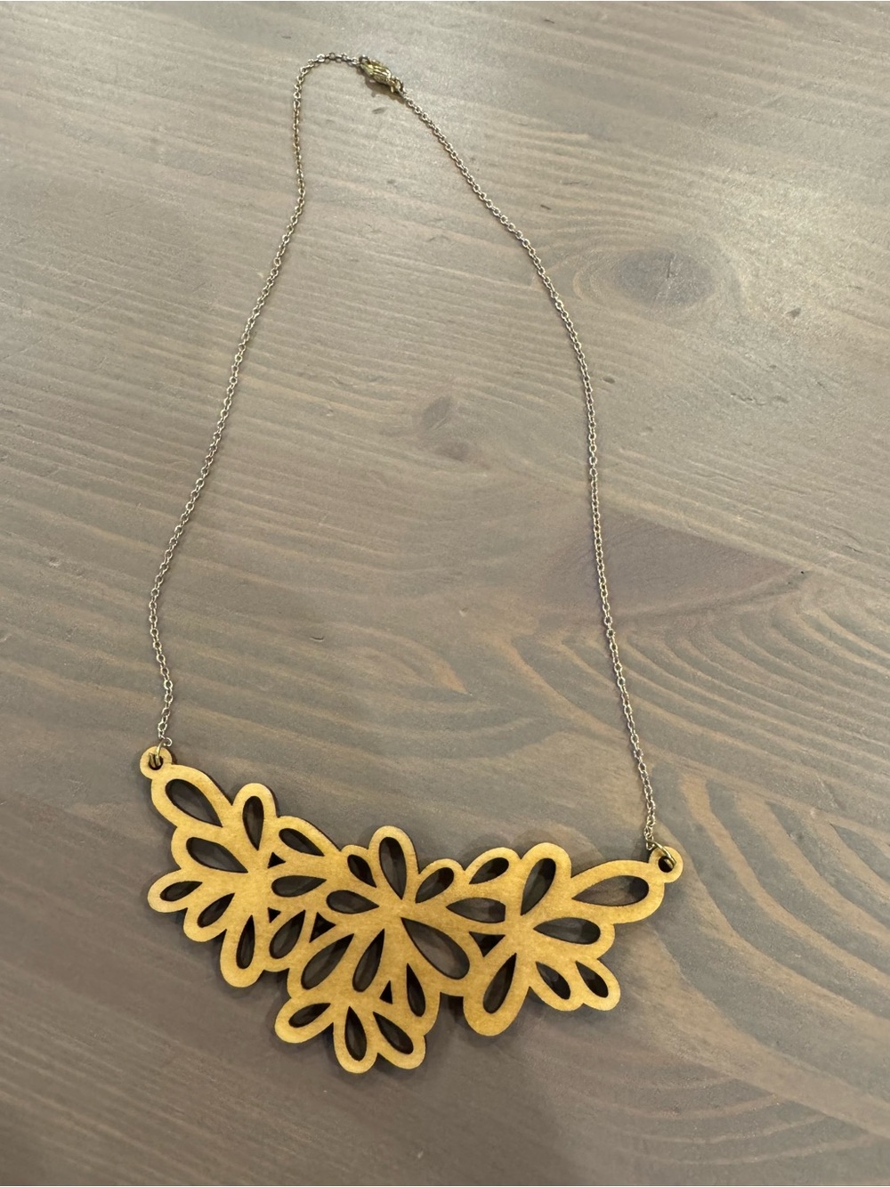 Wood Floral Cutout Pendant Necklace with Gold Chain